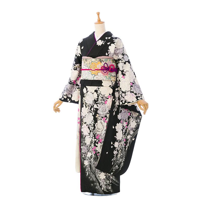 ゆです！正絹　レトロな高級振袖 レンタル】桂由美|正絹振袖|153〜165cm|レンタル|振袖フルセット(黒系