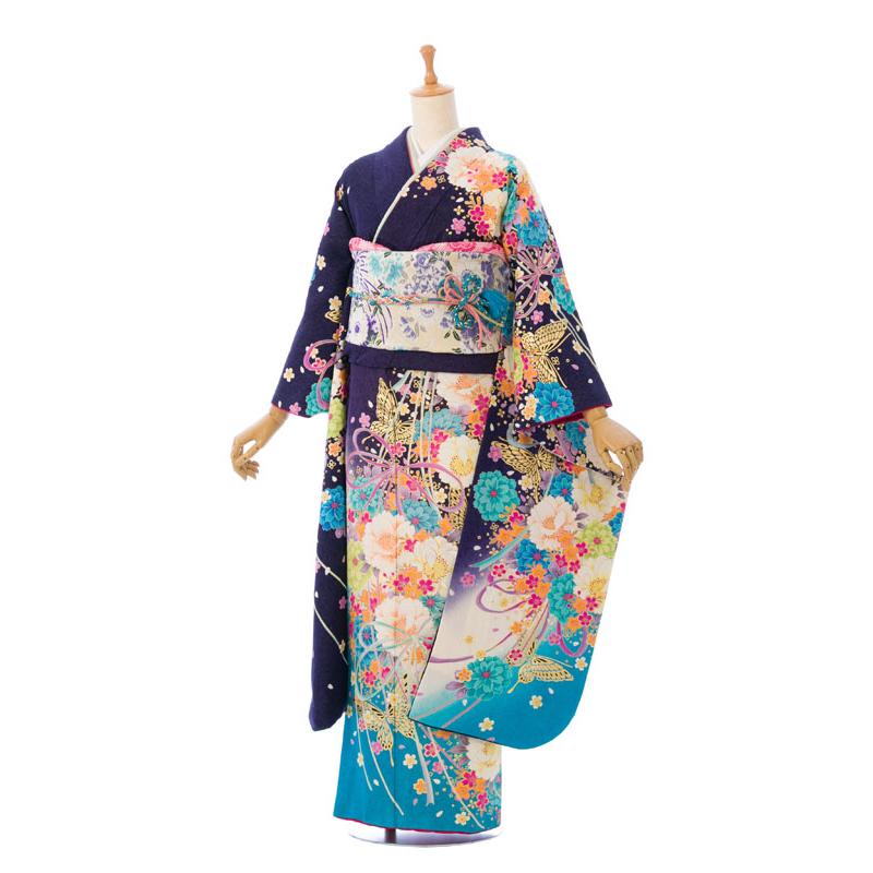 2〜12月】正絹振袖|着物レンタル|143〜155cm|振袖フルセット(ブルー系 