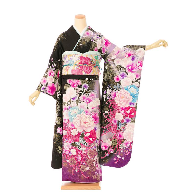 2〜12月】正絹振袖|着物レンタル|145〜155cm|振袖フルセット(黒系 