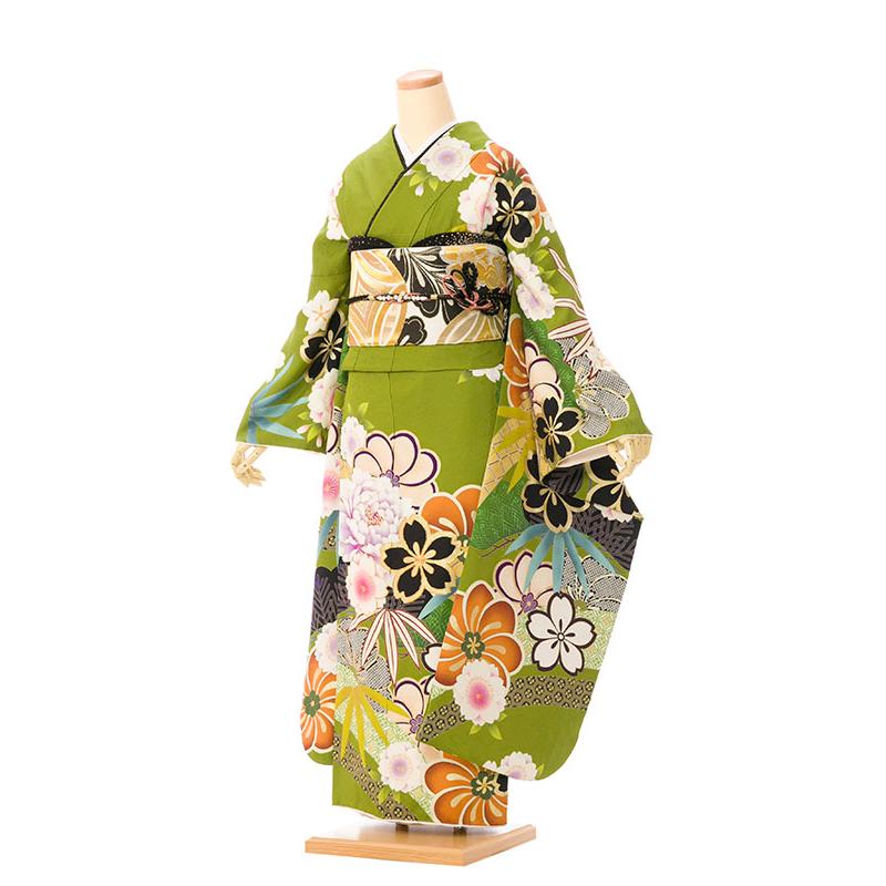 華紋様　正絹【綸子】振袖　フルセット 2〜12月】正絹振袖|着物レンタル|163〜168cm|振袖フルセット(グリーン