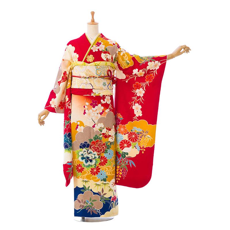 2〜12月】正絹振袖|着物レンタル|裄長|158〜168cm|振袖フルセット(赤系