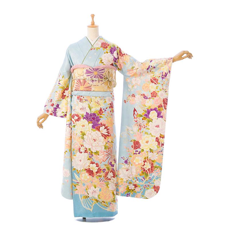 2〜12月】正絹振袖|着物レンタル|155〜165cm|振袖フルセット(水色系 