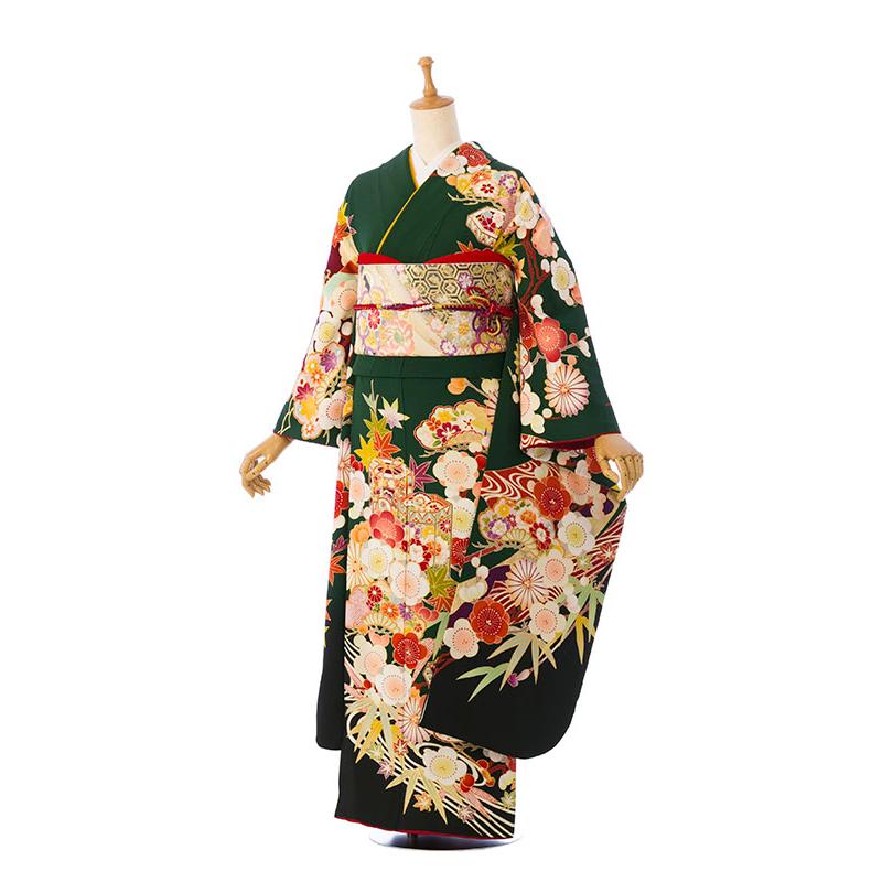 2〜12月】正絹振袖|着物レンタル|150〜160cm|振袖フルセット(緑系 