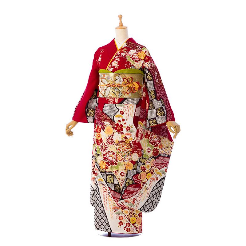 2〜12月】正絹振袖|着物レンタル|裄長|158〜168cm|振袖フルセット(赤系