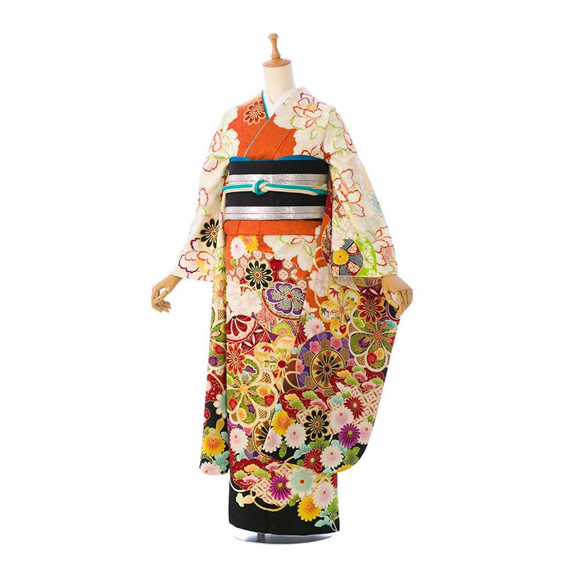 2〜12月】正絹振袖|着物レンタル|153〜165cm|振袖フルセット(オレンジ 