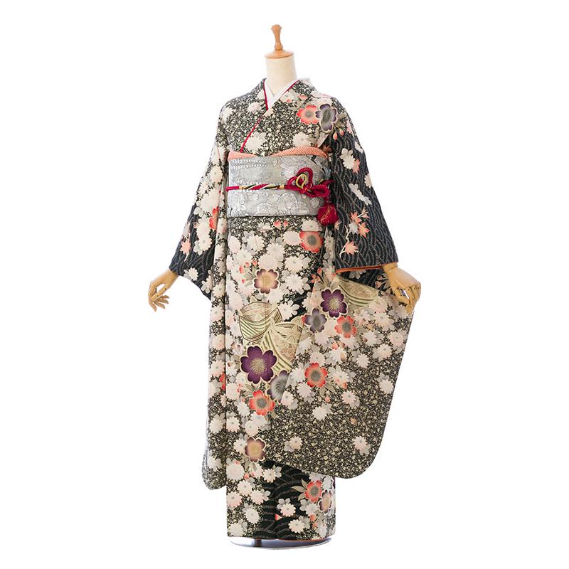正絹|148〜160cm|着物レンタル|振袖フルセット(黒系)|小さいサイズ