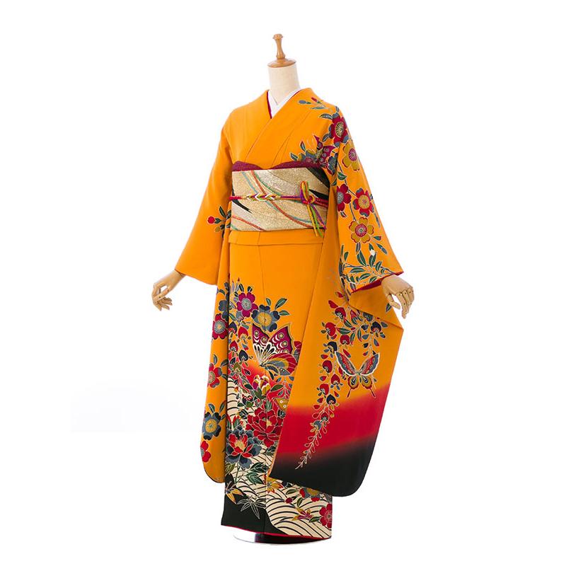 レンタル】正絹|紅型|148〜160cm|振袖フルセット(イエロー系)|小さい