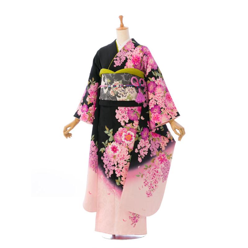 レンタル】正絹振袖|148〜160cm|振袖フルセット(黒系)|小さいサイズ