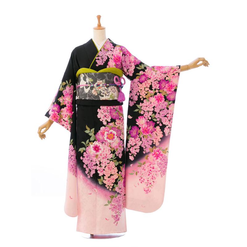 レンタル】正絹振袖|148〜160cm|振袖フルセット(黒系)|小さいサイズ