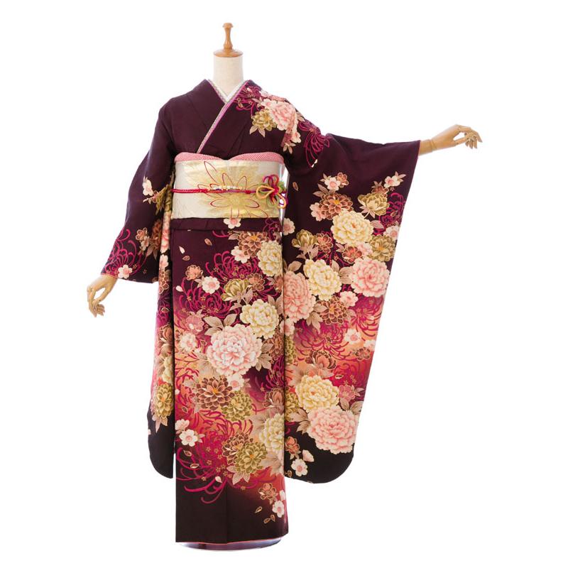 2〜12月】正絹振袖|着物レンタル|裄長|158〜168cm|振袖フルセット(茶色