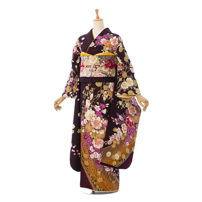 レンタル】正絹振袖|着物レンタル|155〜168cm|振袖フルセット(茶色系 