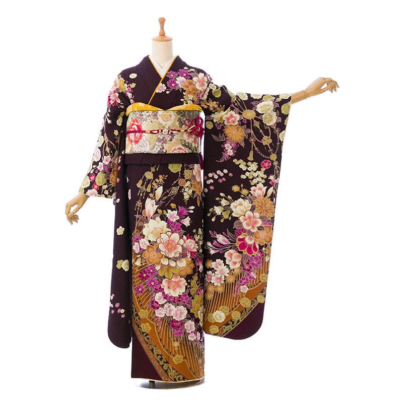 ≪即着用可能≫ 振袖 フルセット 155cm~165cmの方用【953】 レンタル】正絹振袖|着物レンタル|155〜168cm|振袖フルセット(茶色系