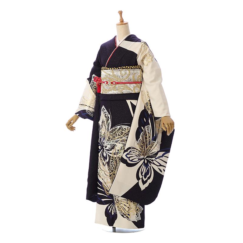 2〜12月】正絹|着物レンタル|裄長|155〜165cm|振袖フルセット(紺系