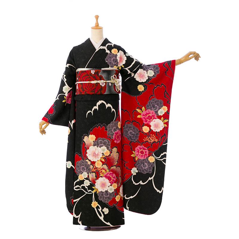 トールワイドサイズ　黒　振袖フルセット 2〜12月】正絹振袖|着物レンタル|163〜173cm|振袖フルセット(黒系