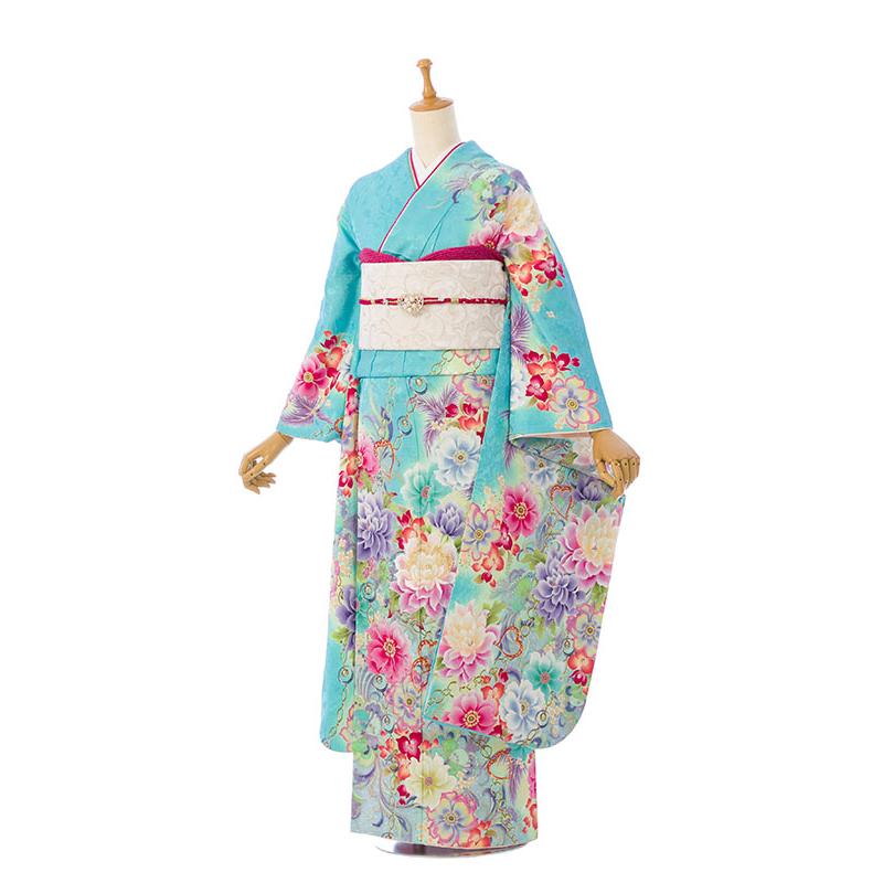 2〜12月】正絹振袖|着物レンタル|150〜160cm|振袖フルセット(水色系 