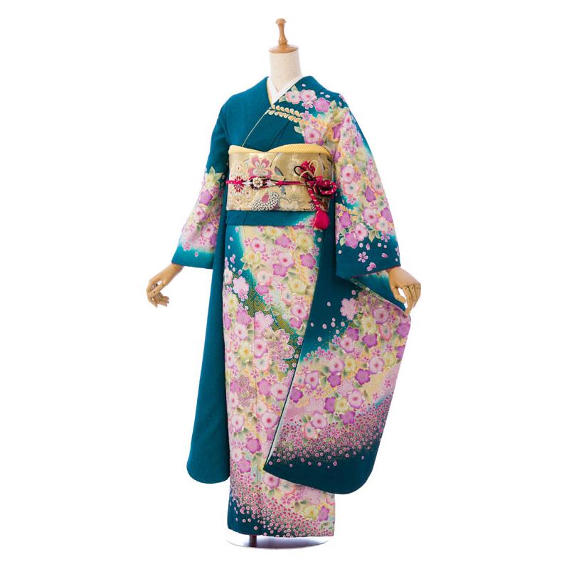 正絹振袖|辻が花|150〜163cm|振袖フルセット(グリーン系)|普通サイズ