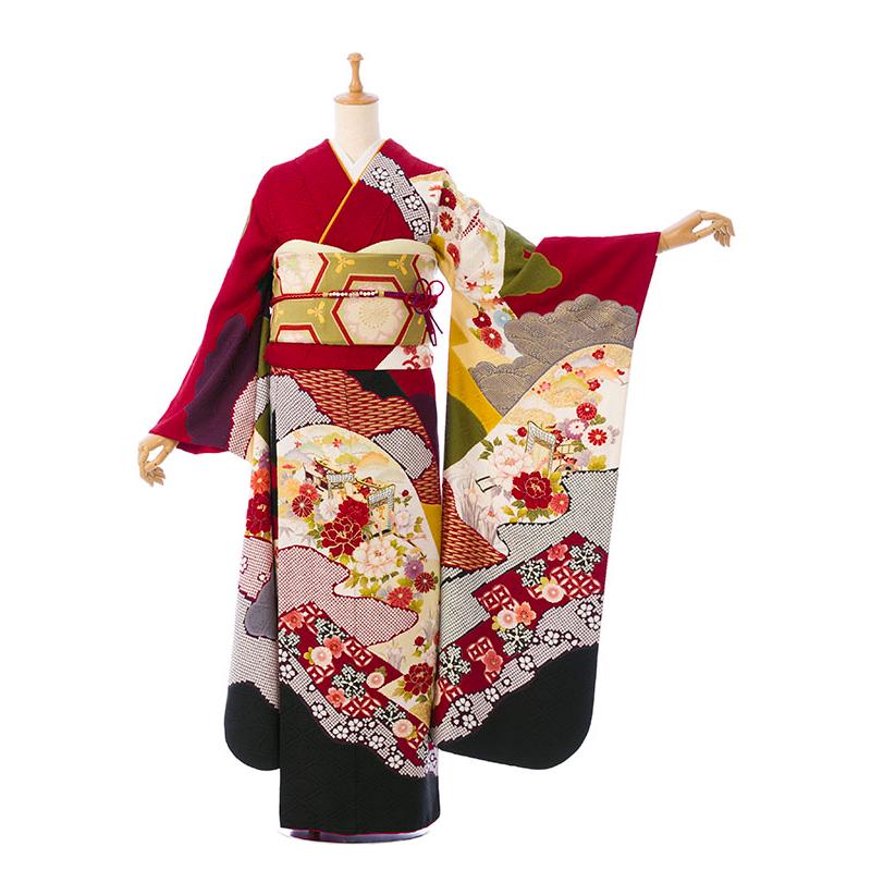 【最終値下げ】正絹 振袖 着物セット身丈162cm 裄67.4cm 2〜12月】正絹振袖|着物レンタル|裄長|158〜165cm|振袖フルセット(赤系