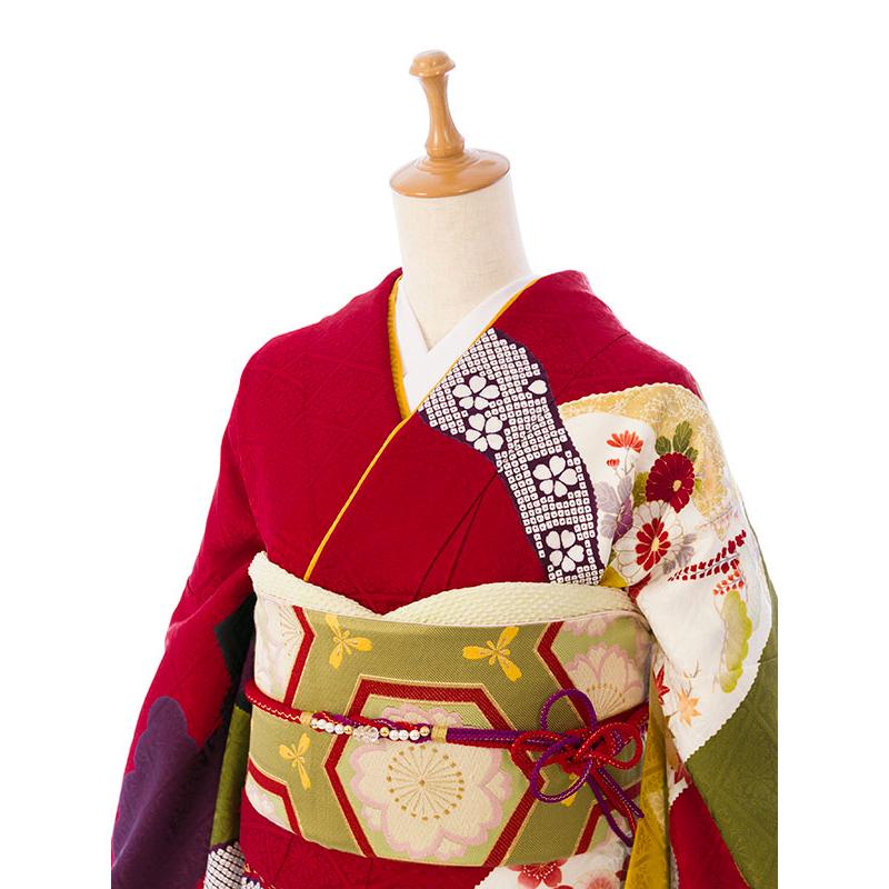 【最終値下げ】正絹 振袖 着物セット身丈162cm 裄67.4cm 2〜12月】正絹振袖|着物レンタル|裄長|158〜165cm|振袖フルセット(赤系
