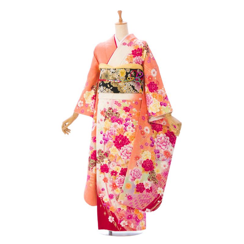 ≪即着用可能≫ 振袖 正絹 フルセット 145cm~155cmの方用【1001】 2〜12月】正絹振袖|着物レンタル|145〜155cm|振袖フルセット(オレンジ