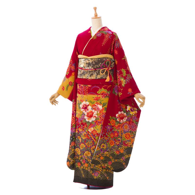 2〜12月】正絹振袖|着物レンタル|紅型|153〜165cm|振袖フルセット(赤系