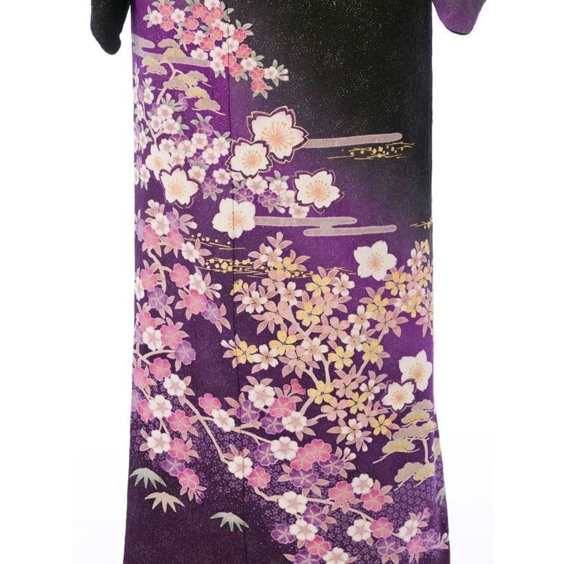 2L787 正絹|松竹梅に桜柄の訪問着フルセット(ブラック系)|訪問着・付