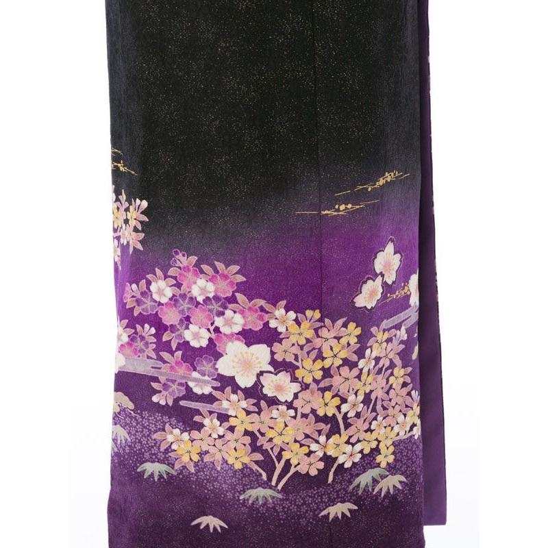 2L787 正絹|松竹梅に桜柄の訪問着フルセット(ブラック系)|訪問着・付