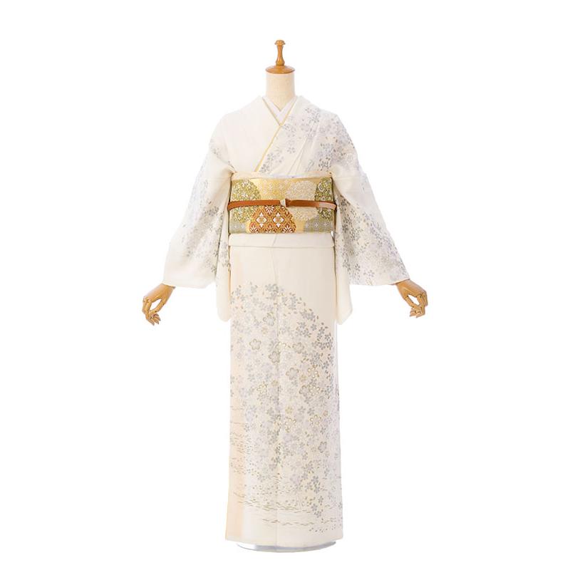 美品　正絹　訪問着　現代　着物　153裄62.5 白　縮緬　象牙色　黒 レンタル着物|訪問着|桂由美|正絹|153〜165cm|訪問着フルセット(白系