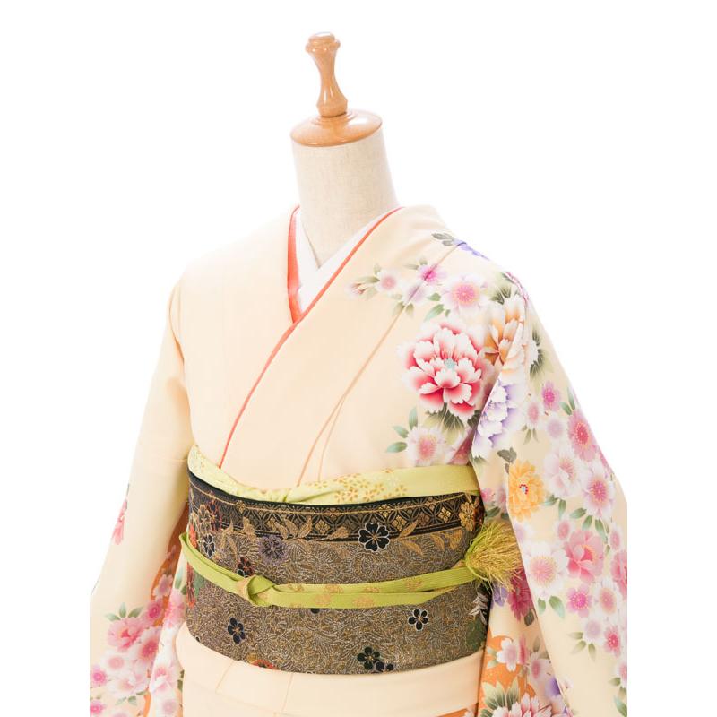 2L671 訪問着 付下げレンタル クリーム地 牡丹 桜菊 「アッシュ エル
