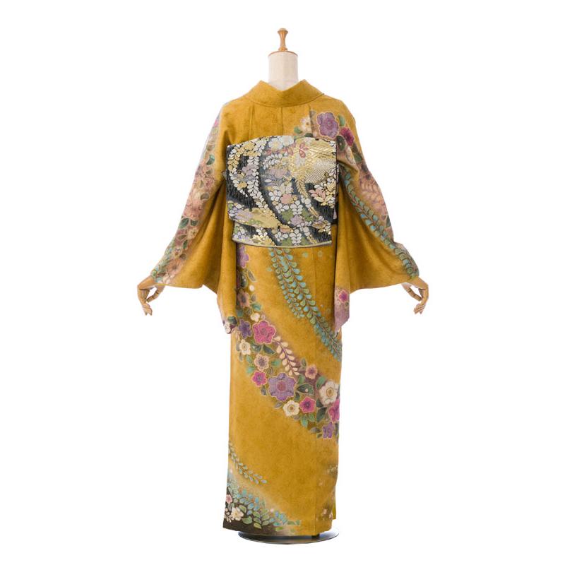 処分価格 訪問着フルセット レンタル】正絹|レンタル着物|160〜167cm|訪問着フルセット(からし系