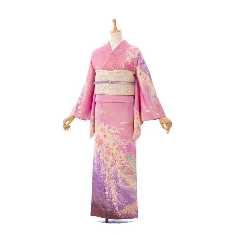 ピンクの華やかな訪問着 レンタル】正絹|レンタル着物|おしゃれ着物|155〜165cm|訪問着フル