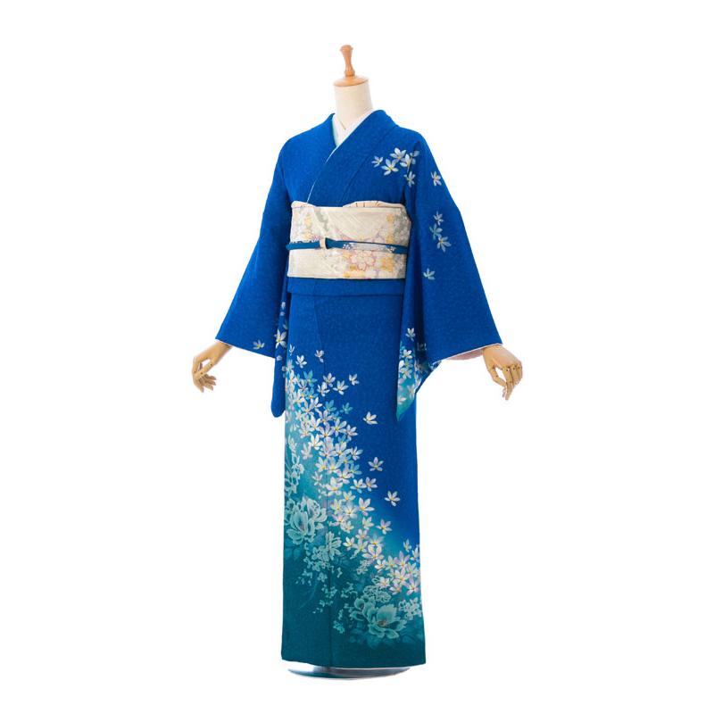 訪問着 フルセット 着物 正絹 青紺 花 相良 刺繍 繊細 F7 レンタル