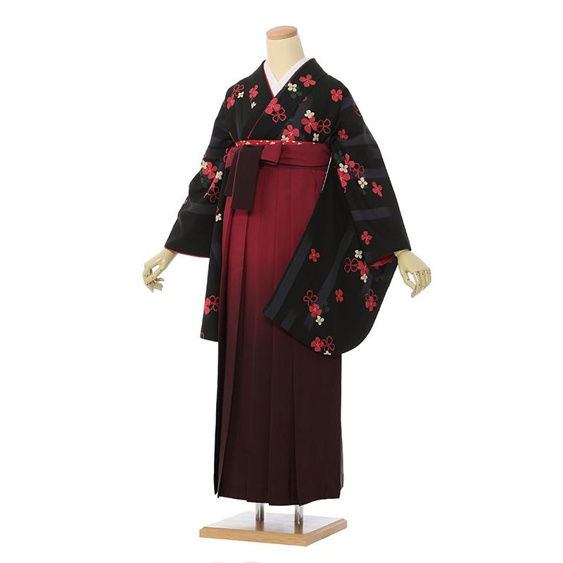 卒業式 袴4点セット  黒地に小花模様0175 先生用|黒着物|155〜160cm 小花柄の卒業式袴セット(ブラック系)|卒業袴