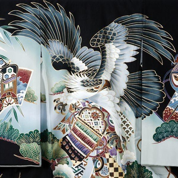 e-1n109 飛翔鷹 甲冑と御所車〔産着レンタル〕正絹 祝着レンタル〔お