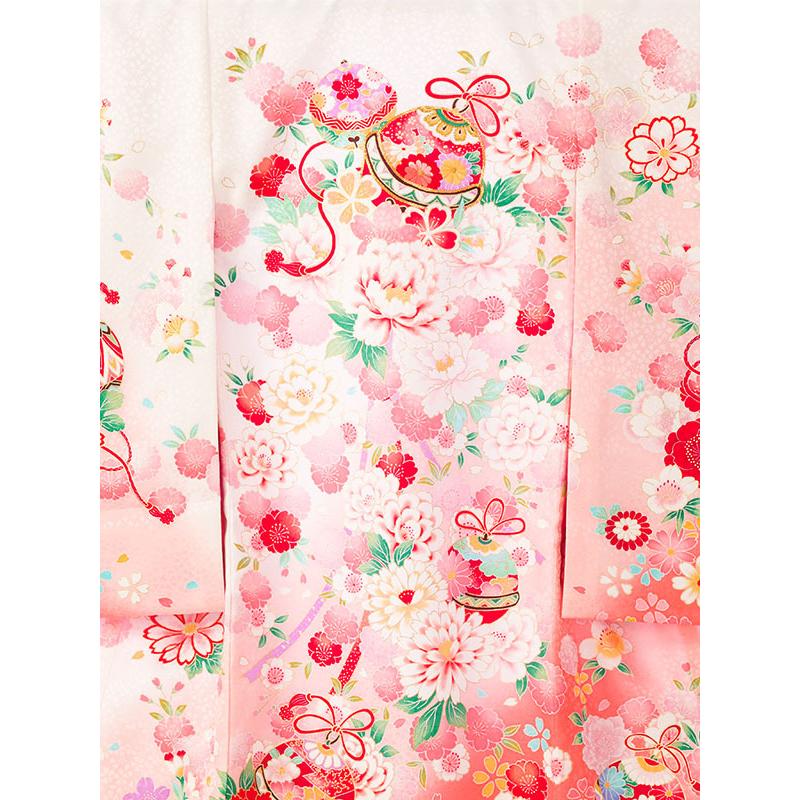 高級|正絹初着|白×サーモンピンク|牡丹桜柄の宮参り着物フルセット