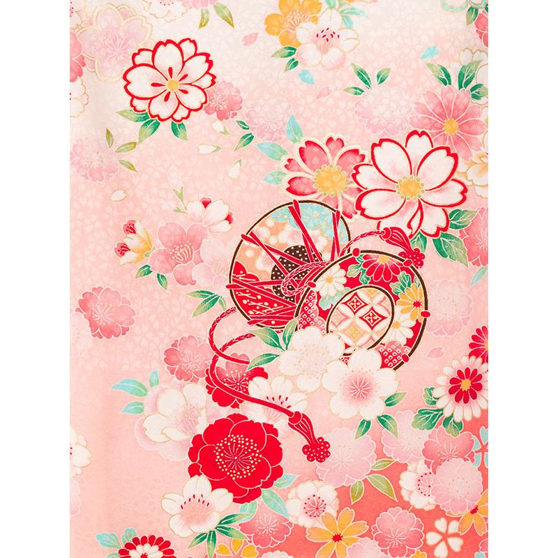 C◆着物くつろぎ さが美 桜の花模様 白 薄ピンク 六通 正絹 カジュアルな袋帯 高級|正絹初着|白×サーモンピンク|牡丹桜柄の宮参り着物フルセット