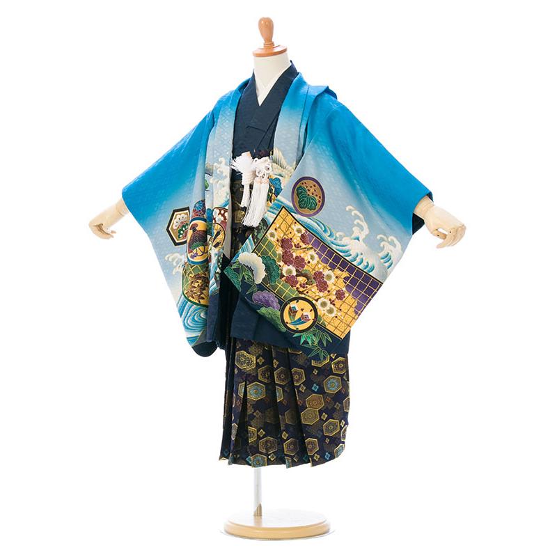 105〜115cm|5歳|鷹柄の七五三着物レンタルフルセット(ブルー系)|男の子