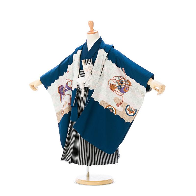 七五三　子供用袴　3歳　紺色 3歳 紺羽織に縞袴 七五三着物レンタルフルセット(ブルー系 )|男の子(三