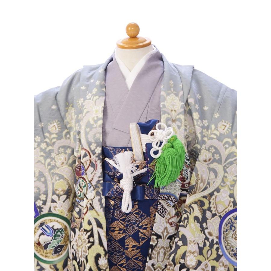 羽織：グレー地 着物：グレー系 袴：青紺系袴 七五三 5歳男の子 着物