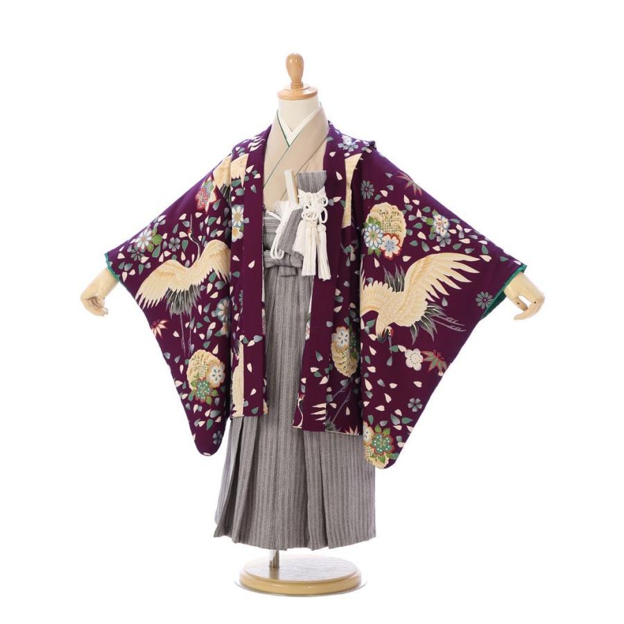 5歳 着物 鶴に花柄の七五三着物レンタルフルセット(紫系 )|男の子(五歳