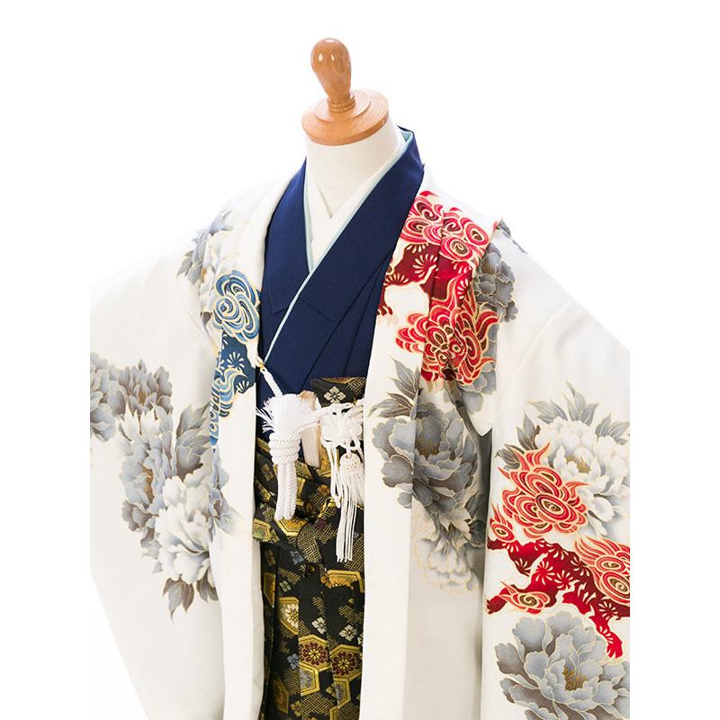 着物 5歳男児 唐獅子牡丹柄の七五三 着物レンタルフルセット(白系