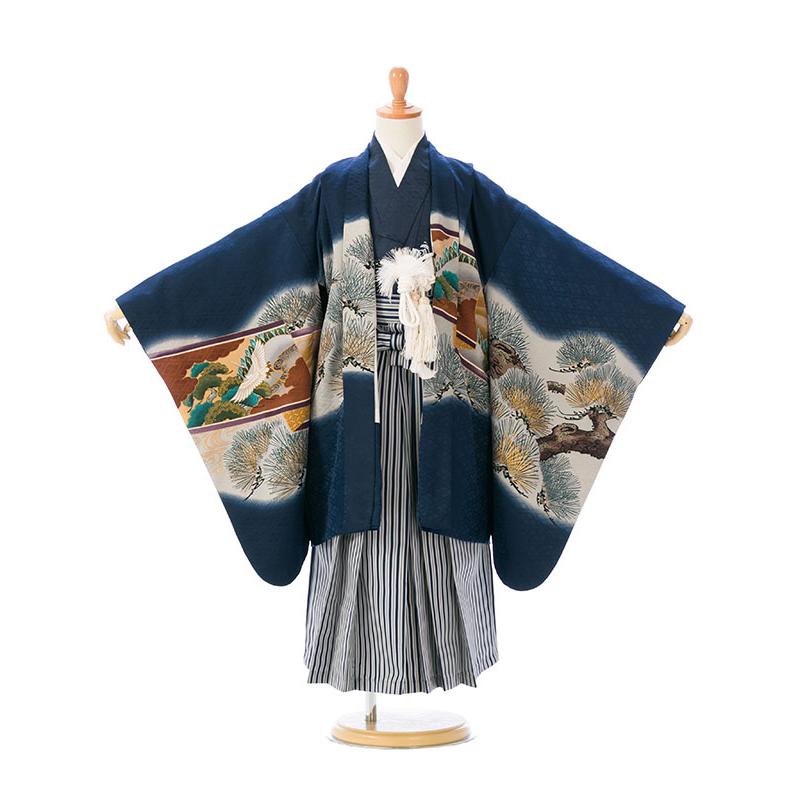 5-796 人気ブランド 竜王 鷹 松 羽織/着物：紺地 袴：縞袴 七五三 5歳
