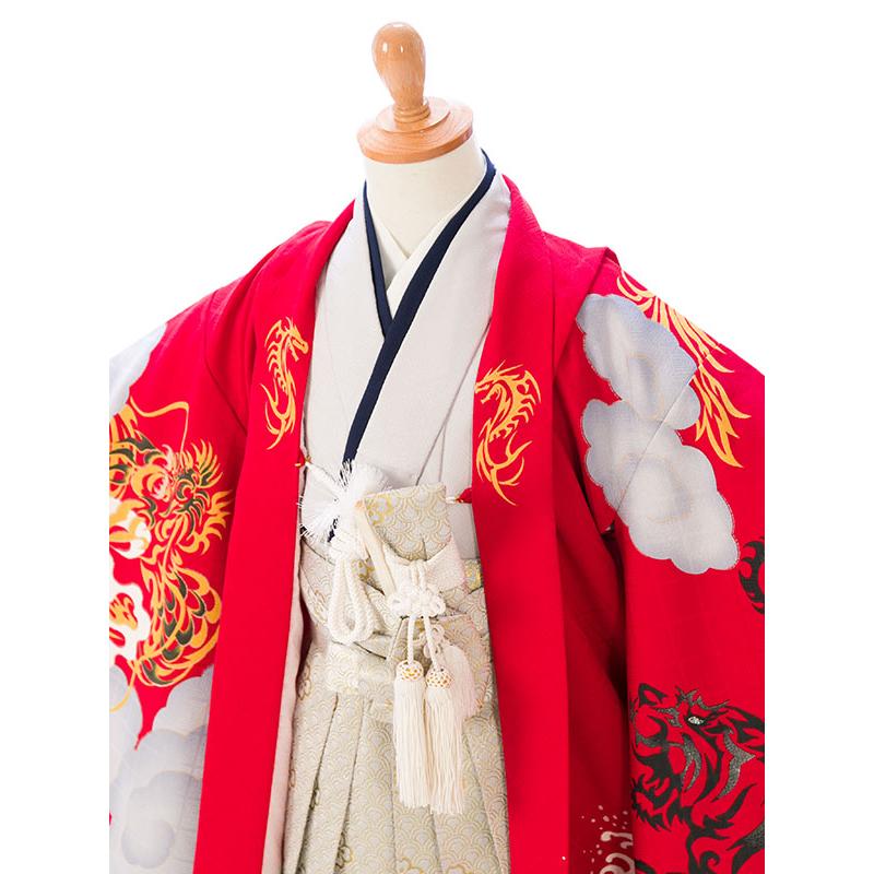 七五三　５歳　男の子　着物　no.93　花わらべ 花わらべ》黒のドット柄に五つ紋、ベージュの袴／七五三・五歳