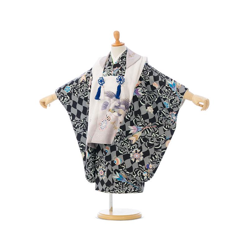 e-h-002 七五三 3歳 男の子 鷹 花うさぎ 被布：白×グレー地 疋田絞り調