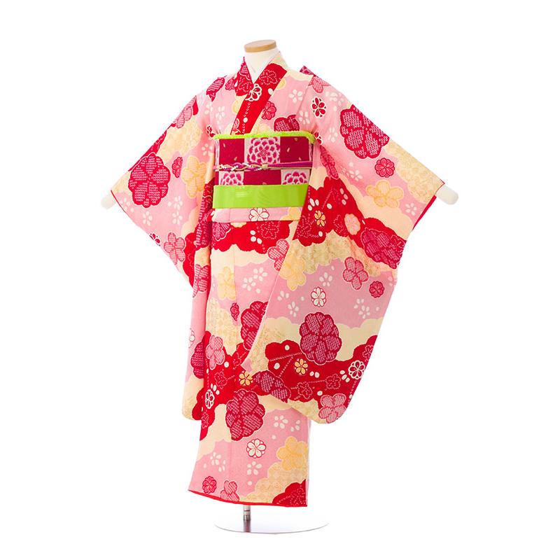 子供用 七五三 着物 ピンク　7歳　七歳 七五三レンタル着物】 00717 ピンク綸子花車フルセット 【7