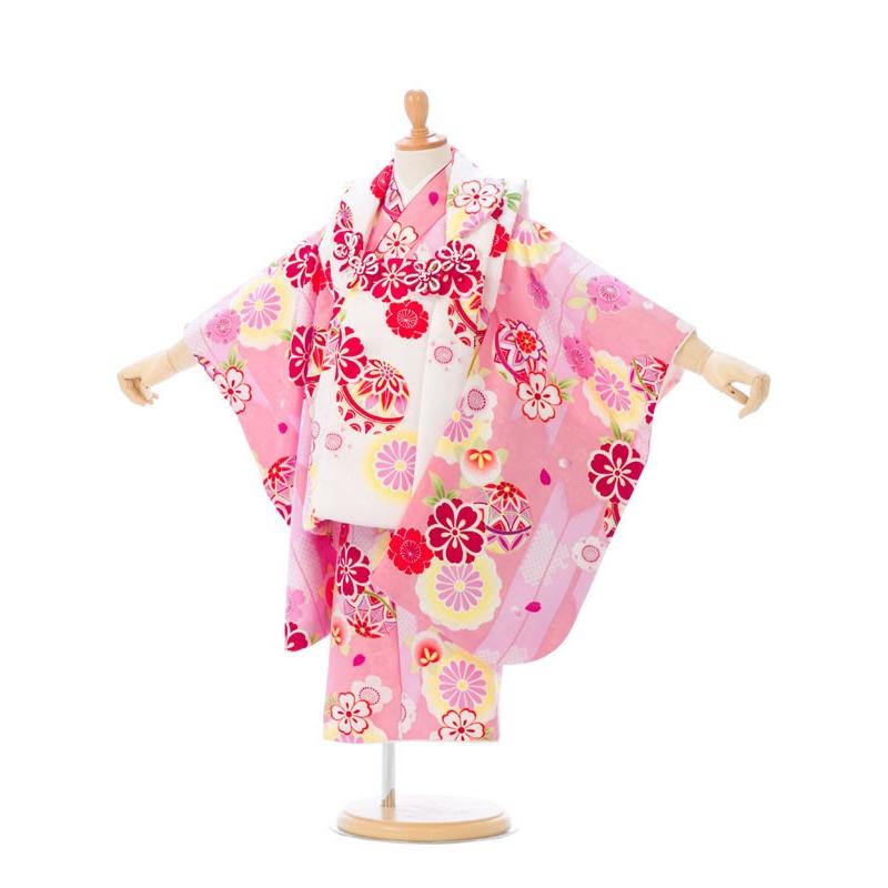 被布 3歳 鞠に桜i柄の七五三着物3歳 女の子(被布)フルセット（ピンク系