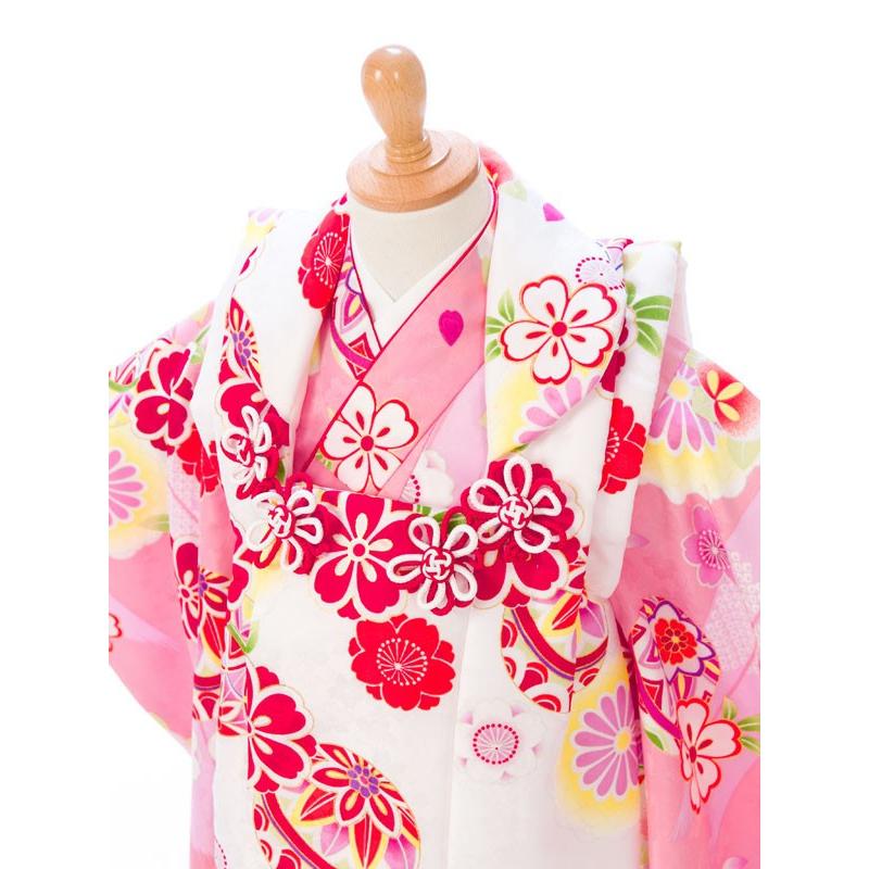 七五三 着物と被布（鞠と桜）三歳用セット 濃い紫に鞠と桜の着物、白無地の被布コートセット／七五三・三歳