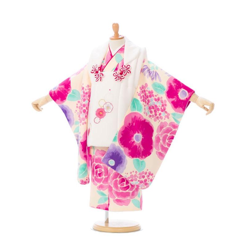 被布 花モチーフ柄の七五三着物3歳 女の子(被布)フルセット（イエロー