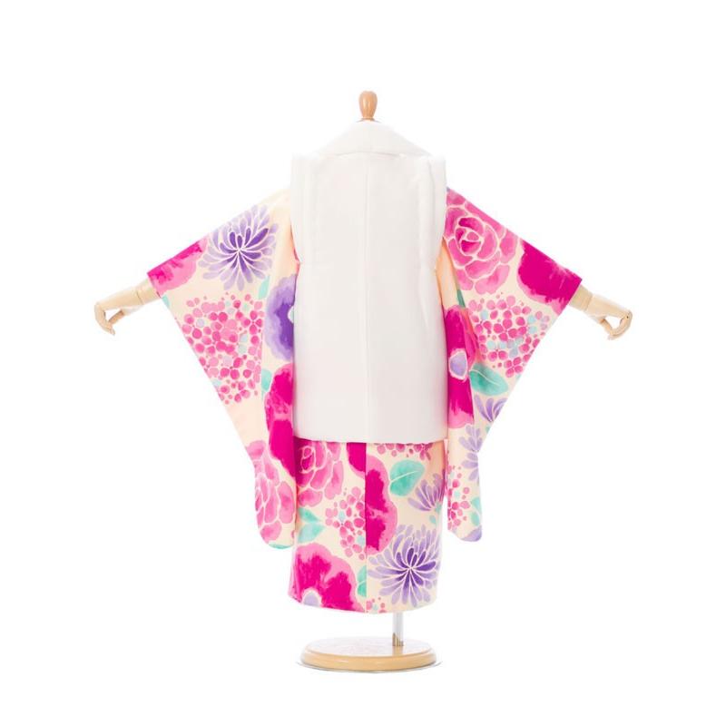 被布 花モチーフ柄の七五三着物3歳 女の子(被布)フルセット（イエロー
