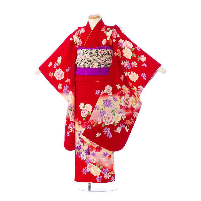 七五三　7歳振袖020赤 レンタル着物|7歳女の子|110〜120cm|七五三着物レンタルフルセット(赤