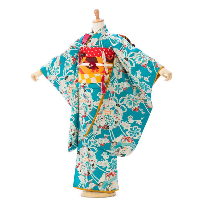 e-7-047 七五三 7歳 女の子 着物レンタル ターコイズ地 Modern Antenna